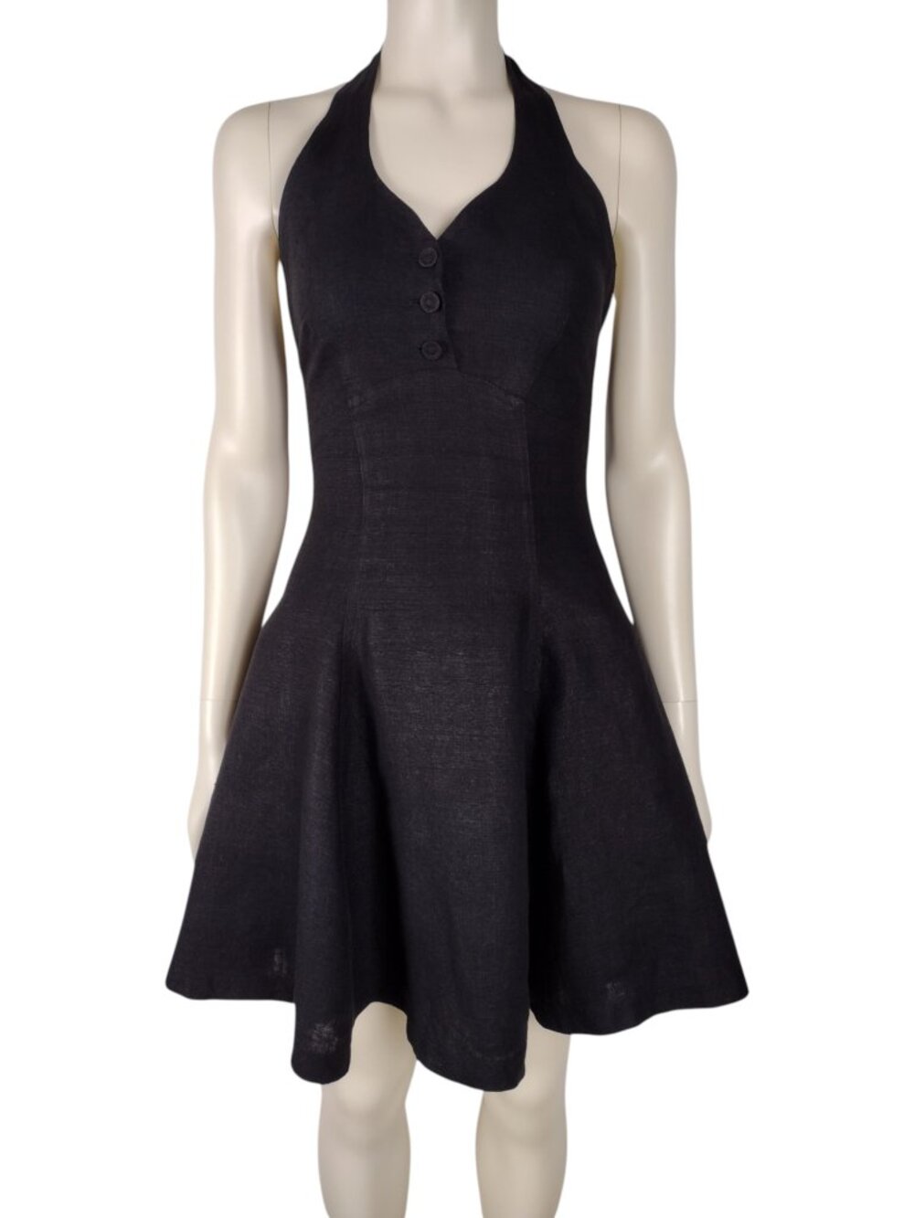 Vintage 1990s Betsey Johnson Luxe Black Linen Halter Fit and Flare Mini Dress XS